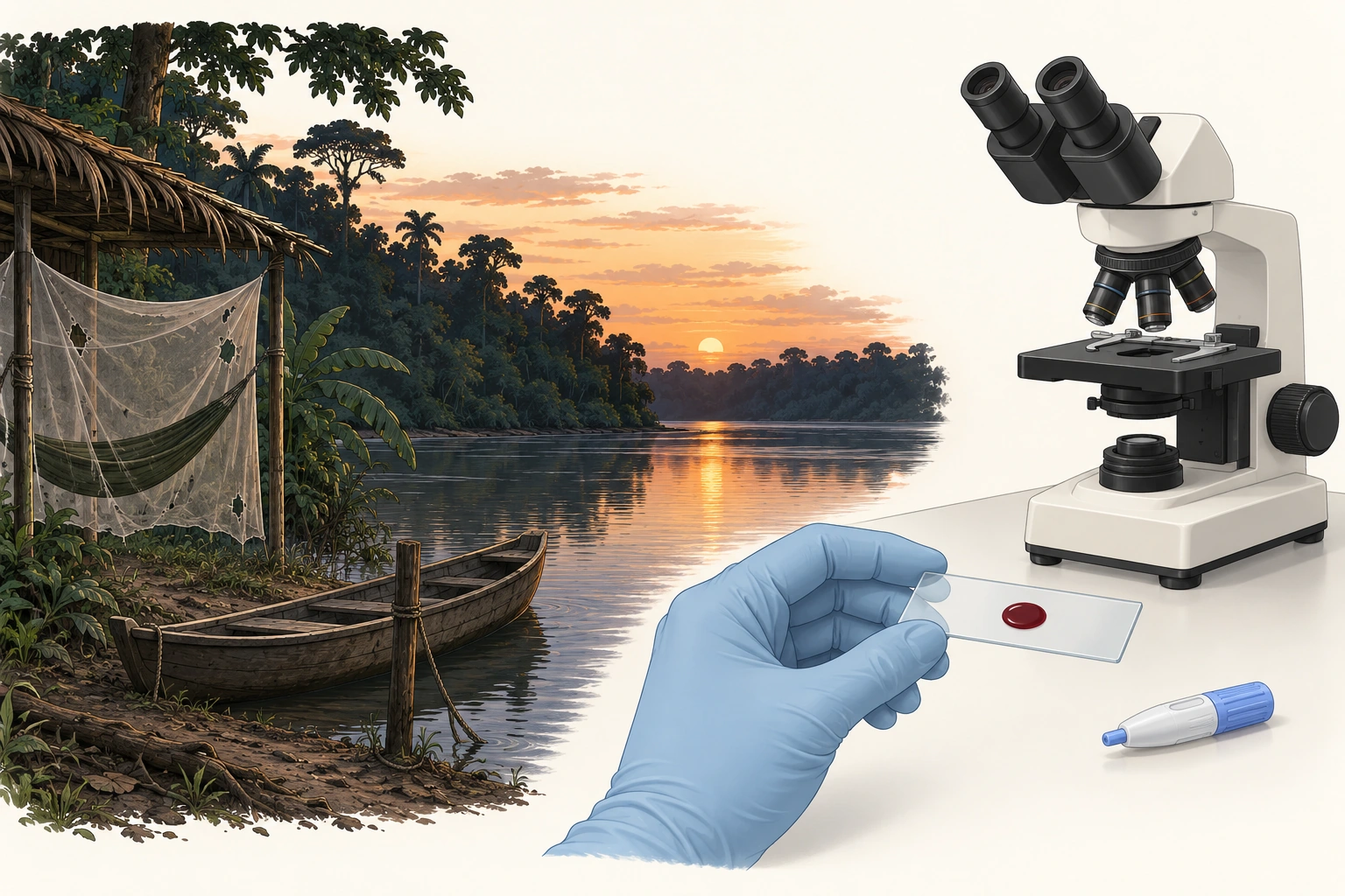 Ambiente ribeirinho ao entardecer e material de coleta de sangue para avaliação microscópica.