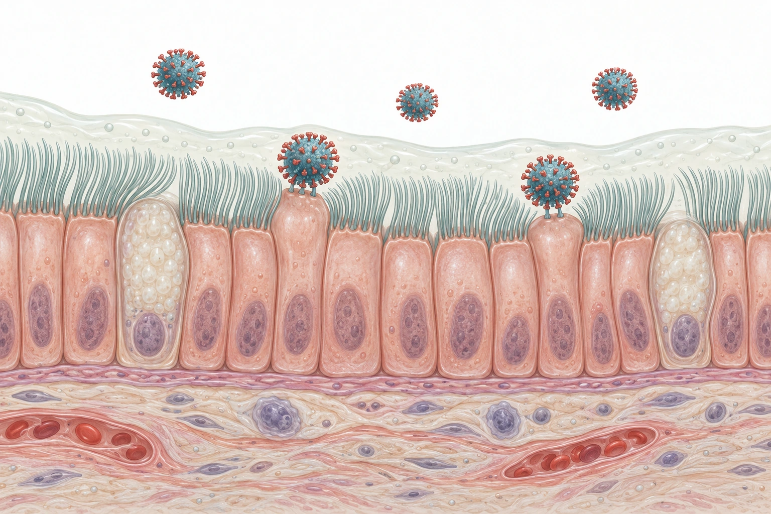 Epitélio respiratório ciliado com partículas virais aderidas à superfície apical e outras livres na luz.