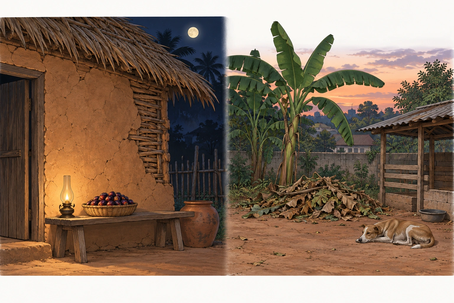 Moradia rural com frestas e frutos de palmeira, ao lado de quintal com matéria orgânica e abrigo de animais.