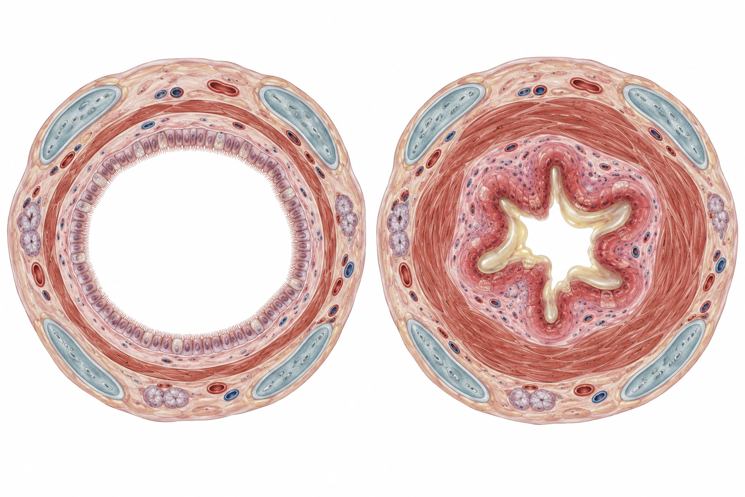 Cortes de brônquio normal e com estreitamento por músculo liso espessado, edema mucoso e muco.