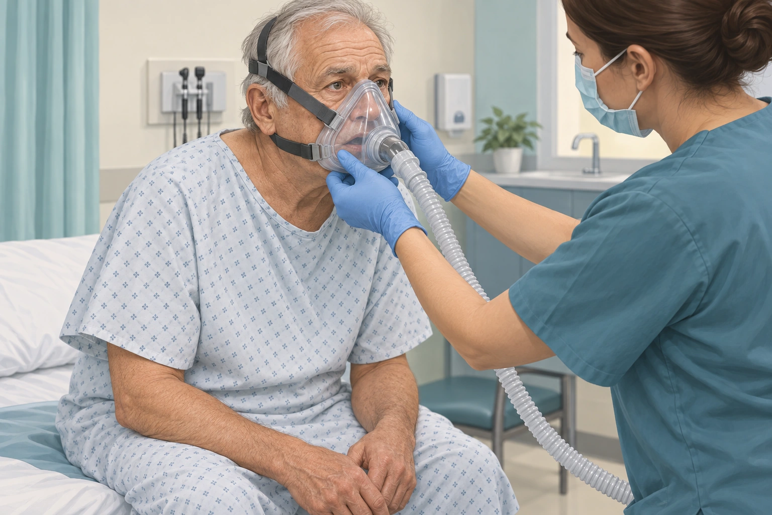 Paciente idoso acordado e sentado enquanto uma profissional ajusta máscara oronasal de ventilação não invasiva.