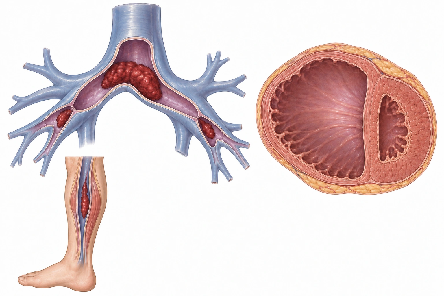 Êmbolos na bifurcação e em ramos da artéria pulmonar, trombo em veia profunda e corte ventricular com VD dilatado e VE comprimido.