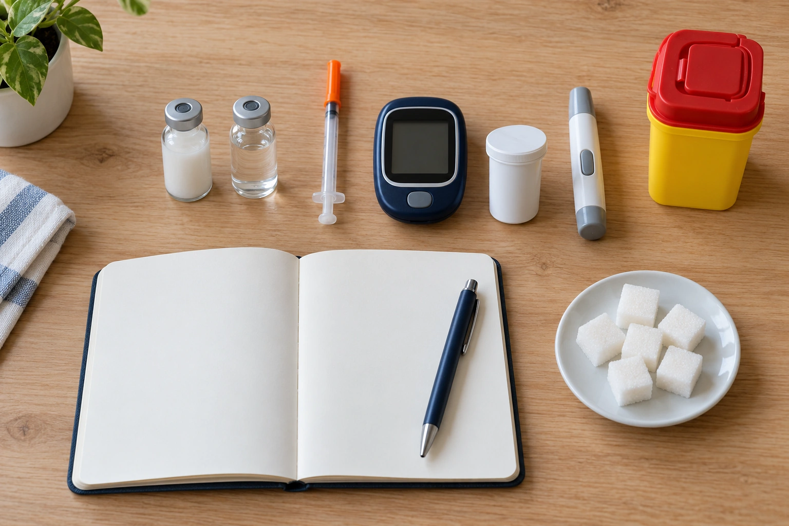 Materiais de cuidado do diabetes: frascos turvo e transparente, seringa tampada, glicosímetro, insumos, coletor, açúcar e caderno.