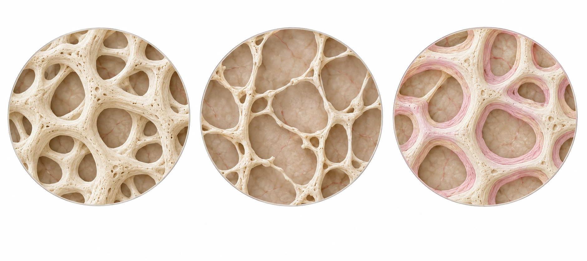 Osso trabecular normal, perda de trabéculas e conexões na osteoporose e camada de osteoide não mineralizado na osteomalácia.