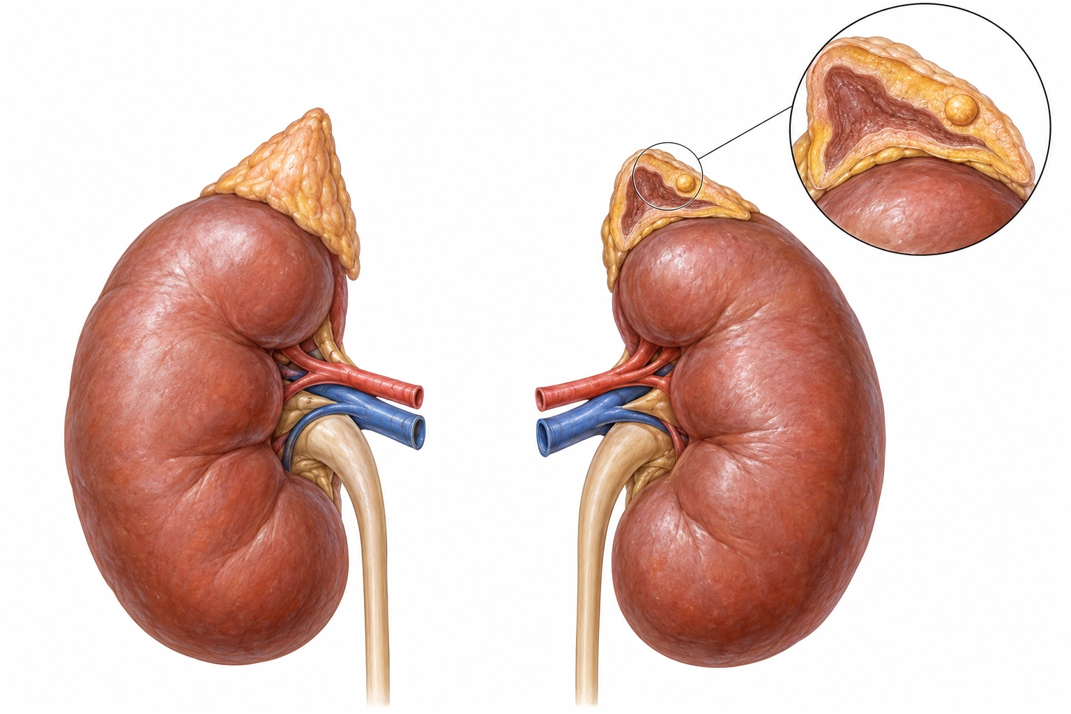 Rins e suprarrenais, com corte ampliado de córtex e medula e pequeno nódulo cortical na suprarrenal esquerda.