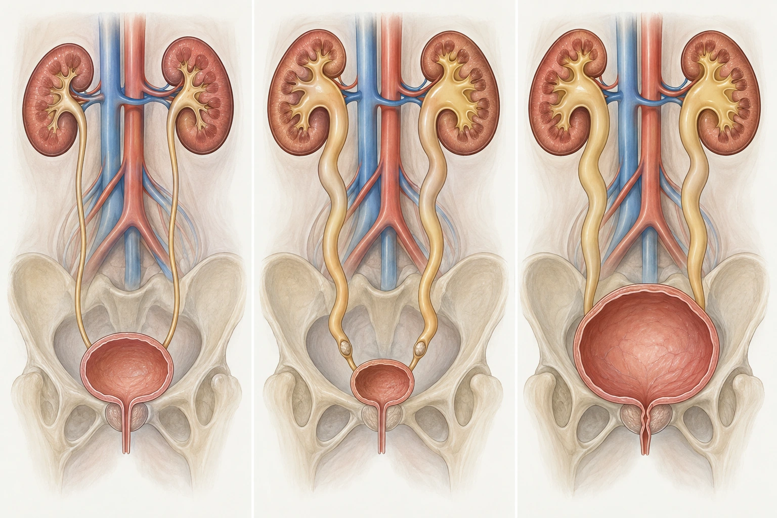 Três painéis do trato urinário: normal, obstrução ureteral bilateral com bexiga pequena e obstrução da saída vesical com bexiga distendida.