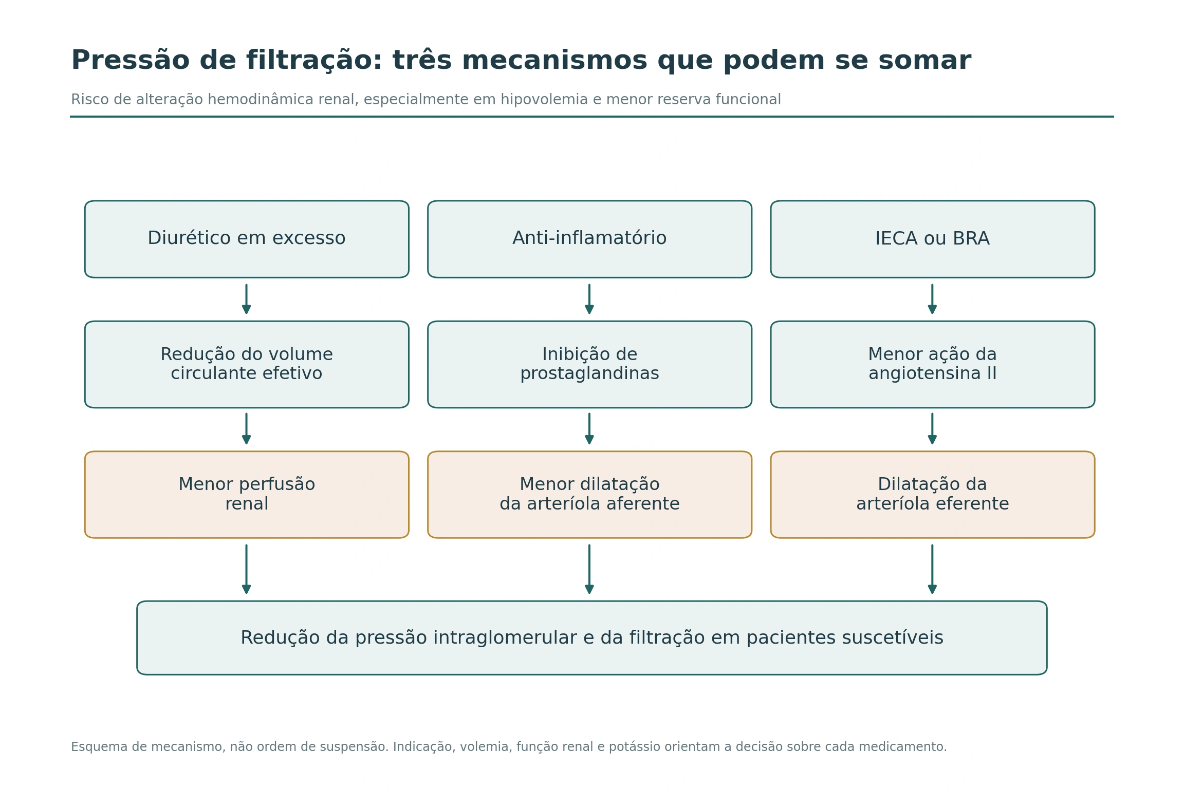 Três vias de redução da pressão de filtração: redução de volume por diurético, menor dilatação aferente por anti-inflamatório e dilatação eferente por IECA ou BRA.