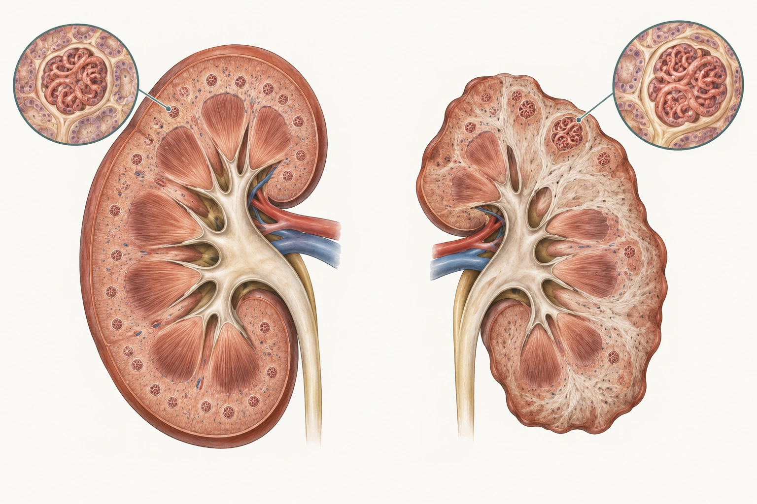 Rim preservado comparado a rim com fibrose, perda de glomérulos e hipertrofia de alguns néfrons remanescentes.
