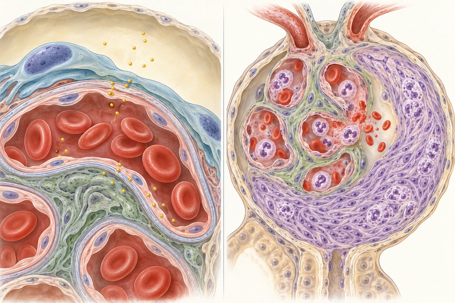 Perda de albumina através de barreira podocitária alterada e exemplo de glomerulonefrite grave com hemácias no espaço urinário e crescente celular.