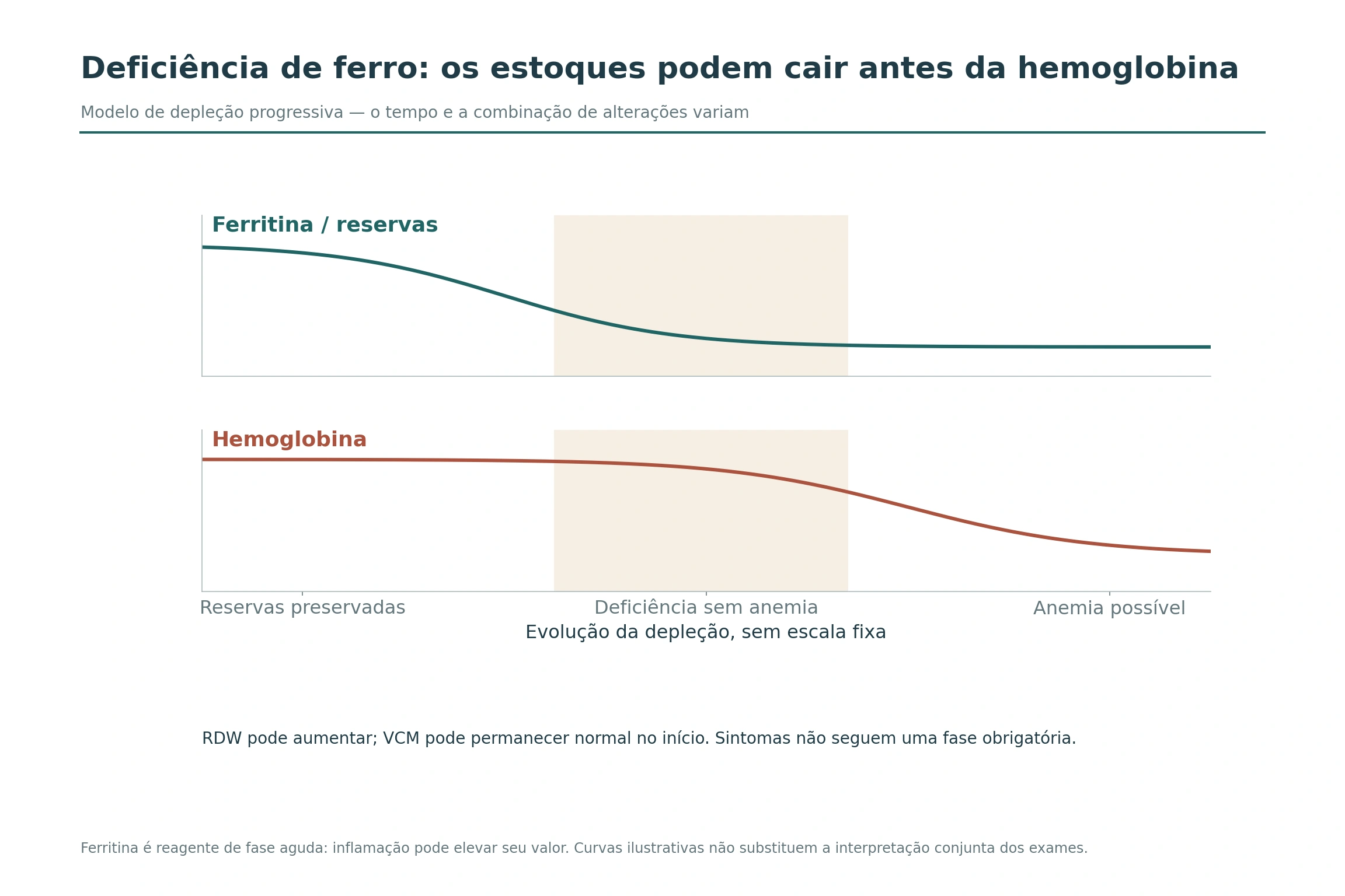 Curvas qualitativas de queda das reservas de ferro antes da redução da hemoglobina, em painéis separados.