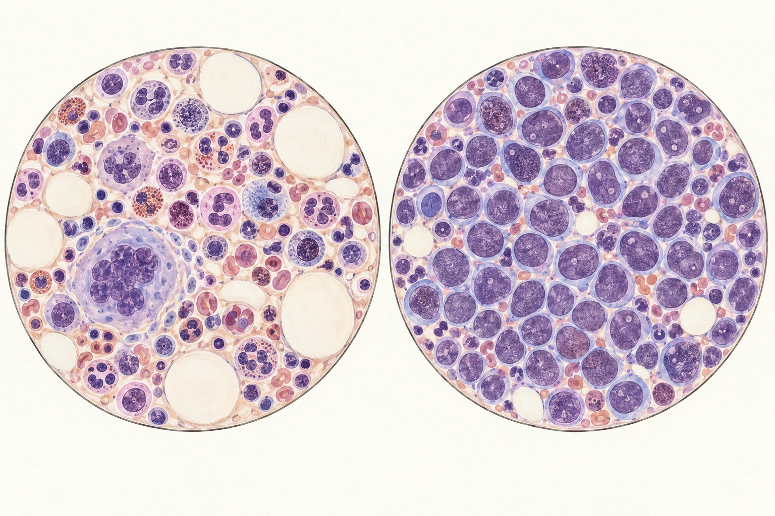 Medula com maturação hematopoética variada comparada a medula densamente infiltrada por blastos.