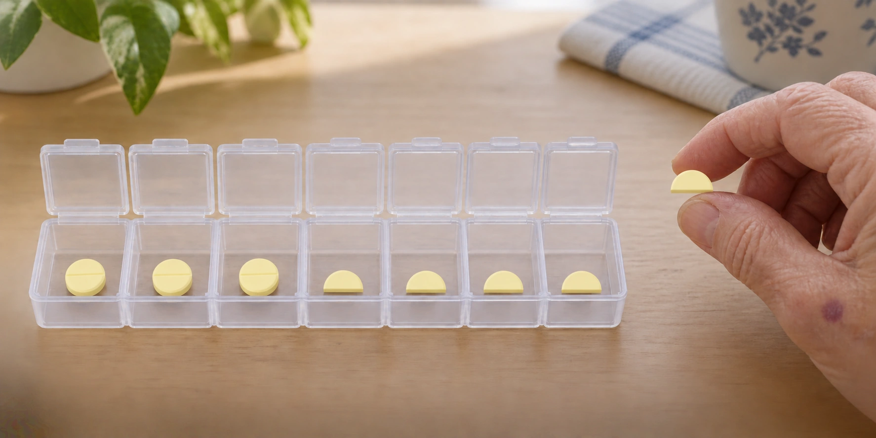 Organizador com sete compartimentos, contendo três comprimidos inteiros e quatro metades, ao lado de uma mão que segura outra metade.