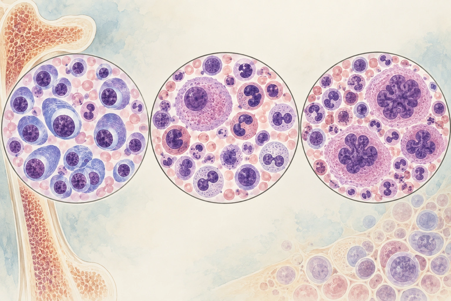 Três campos ilustrativos de medula: aumento de plasmócitos, alterações de maturação celular e proliferação megacariocítica.