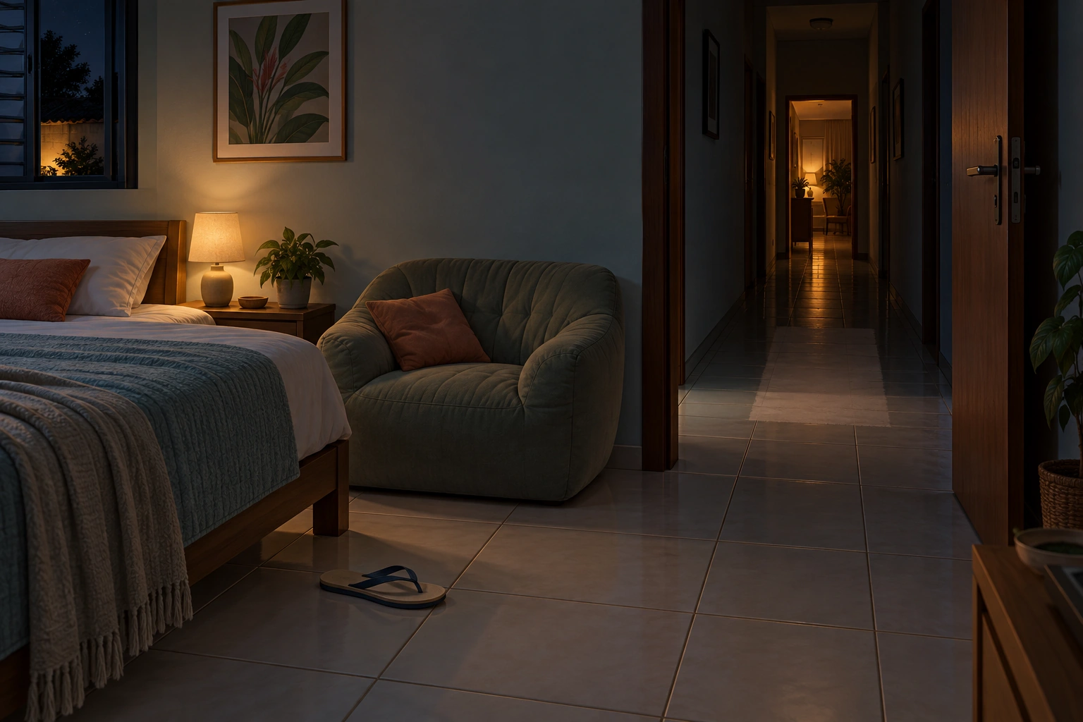 Quarto com poltrona funda, chinelo solto e corredor pouco iluminado, mesmo após a retirada de um tapete.