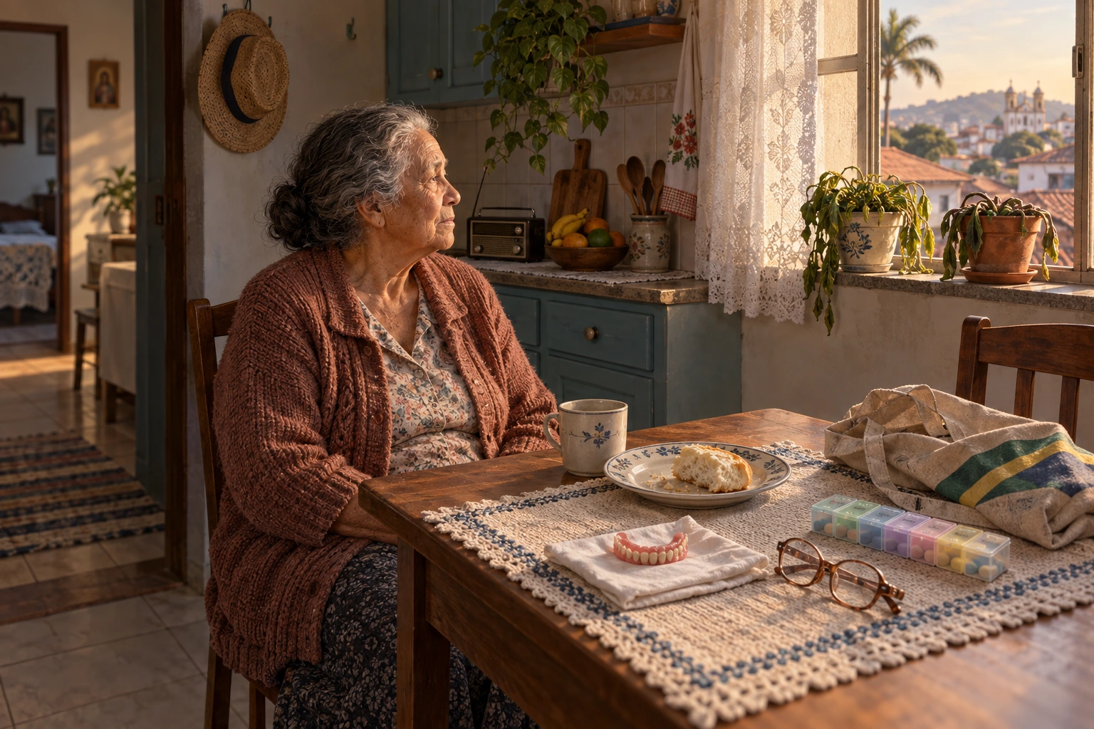Mulher idosa à mesa com alimento, prótese dentária, óculos, organizador de medicamentos e sacola de compras.