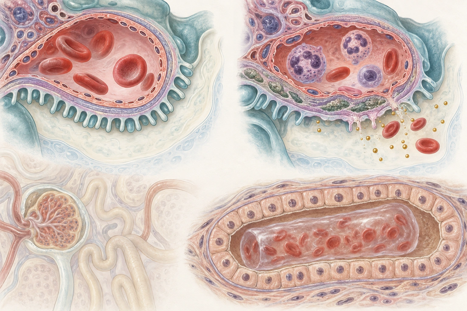 Barreira capilar glomerular preservada e inflamada; abaixo, em estrutura tubular separada, um cilindro contendo hemácias no lúmen.