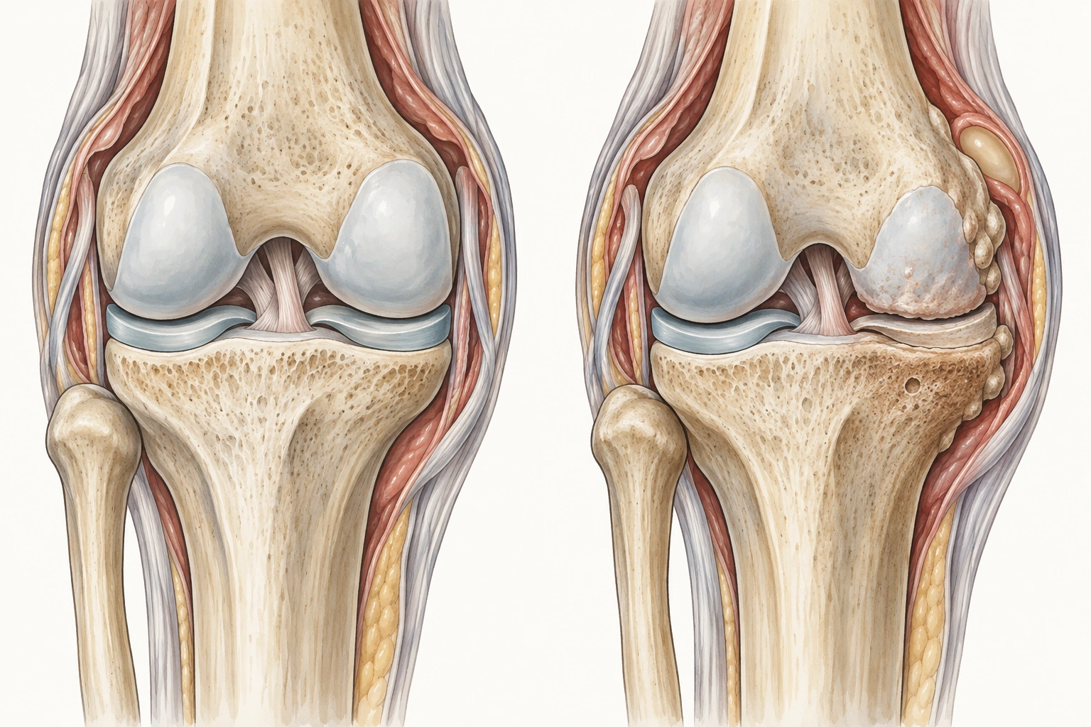 Joelho direito em corte frontal, com fíbula no lado lateral: comparação entre articulação preservada e osteoartrite predominantemente medial com estreitamento, osteófitos e alterações subcondrais.