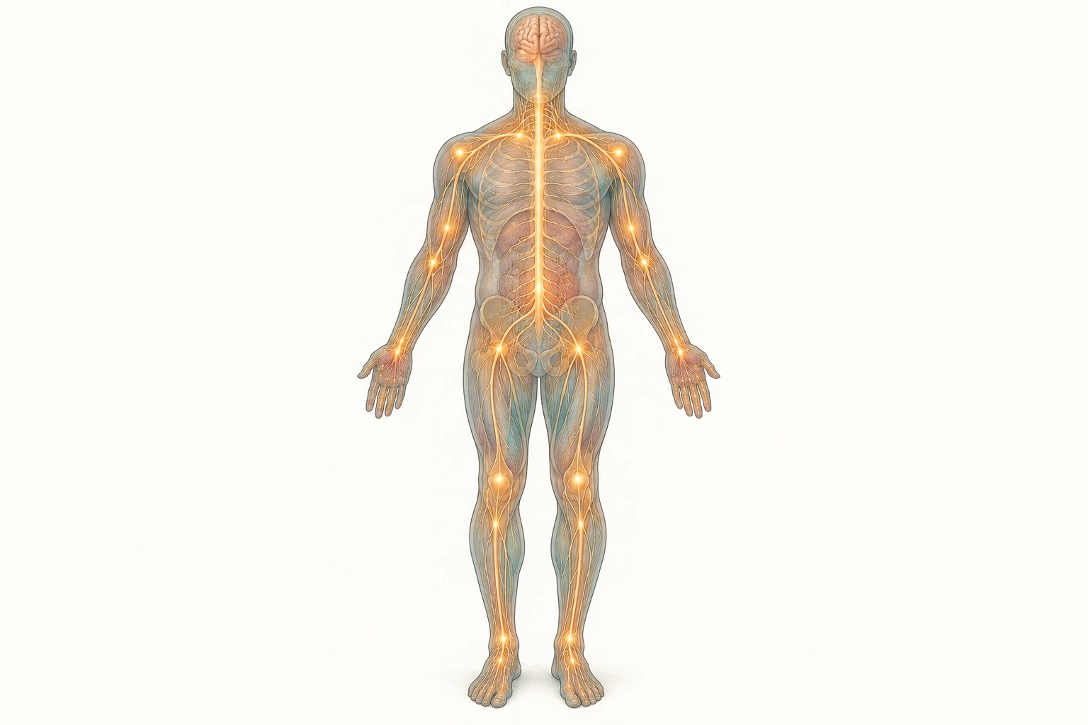 Silhueta corporal com rede luminosa difusa e destaque no cérebro e na medula, como metáfora de alteração do processamento nociceptivo.