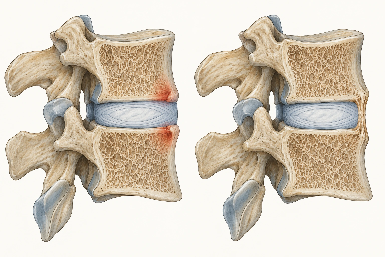 Dois segmentos vertebrais de perfil: inflamação em cantos vertebrais anteriores e, no outro painel, ponte óssea marginal entre vértebras adjacentes, externa ao disco.