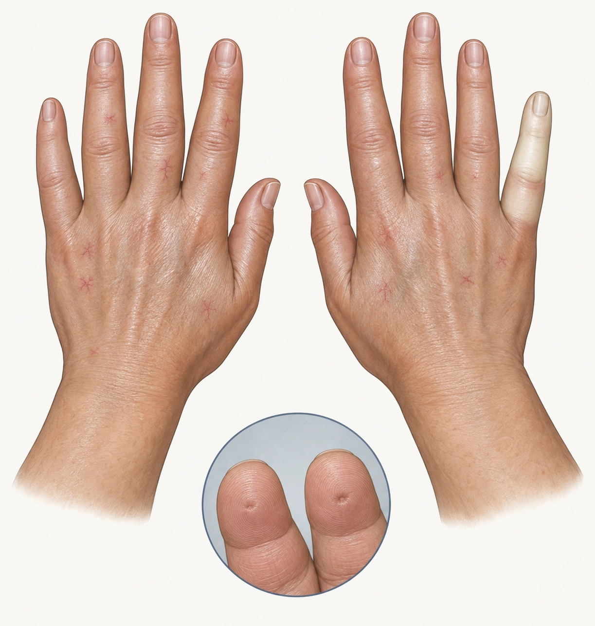 Dorso de duas mãos com dedos edemaciados, pele brilhante e telangiectasias; um mínimo apresenta palidez delimitada. Um detalhe separado mostra cicatrizes deprimidas nas polpas digitais pela face palmar.