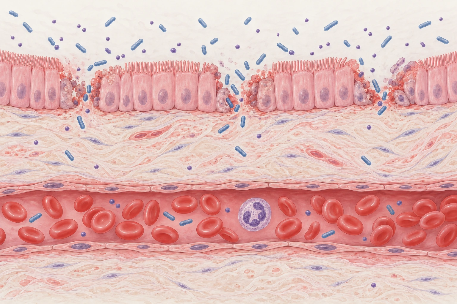 Corte da mucosa intestinal com falhas no epitélio, bactérias no interstício e em um vaso subjacente com muitas hemácias e apenas um neutrófilo.