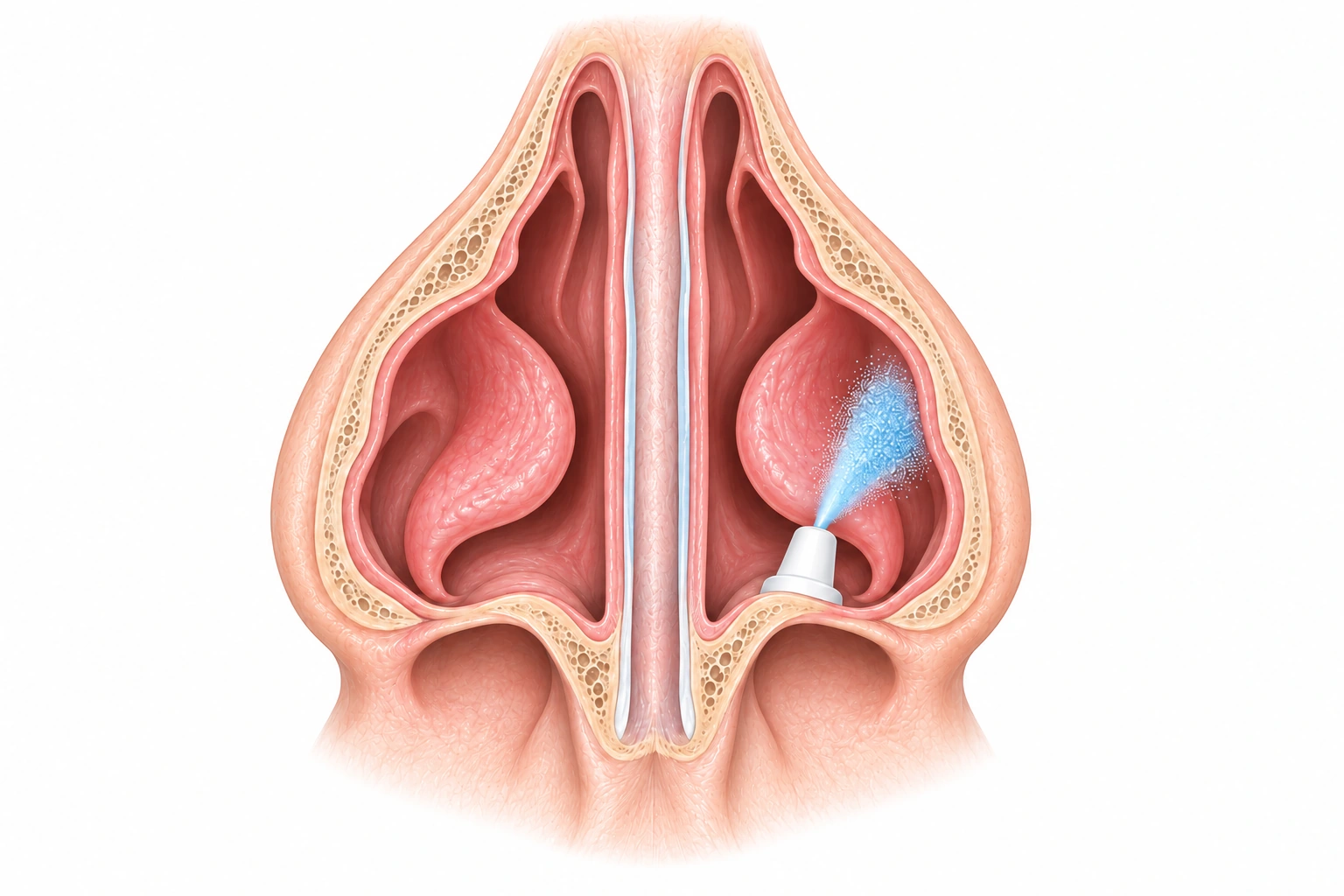 Corte coronal esquemático da cavidade nasal, com aplicador na narina esquerda, à direita do observador, e névoa direcionada para a parede lateral, afastada do septo.