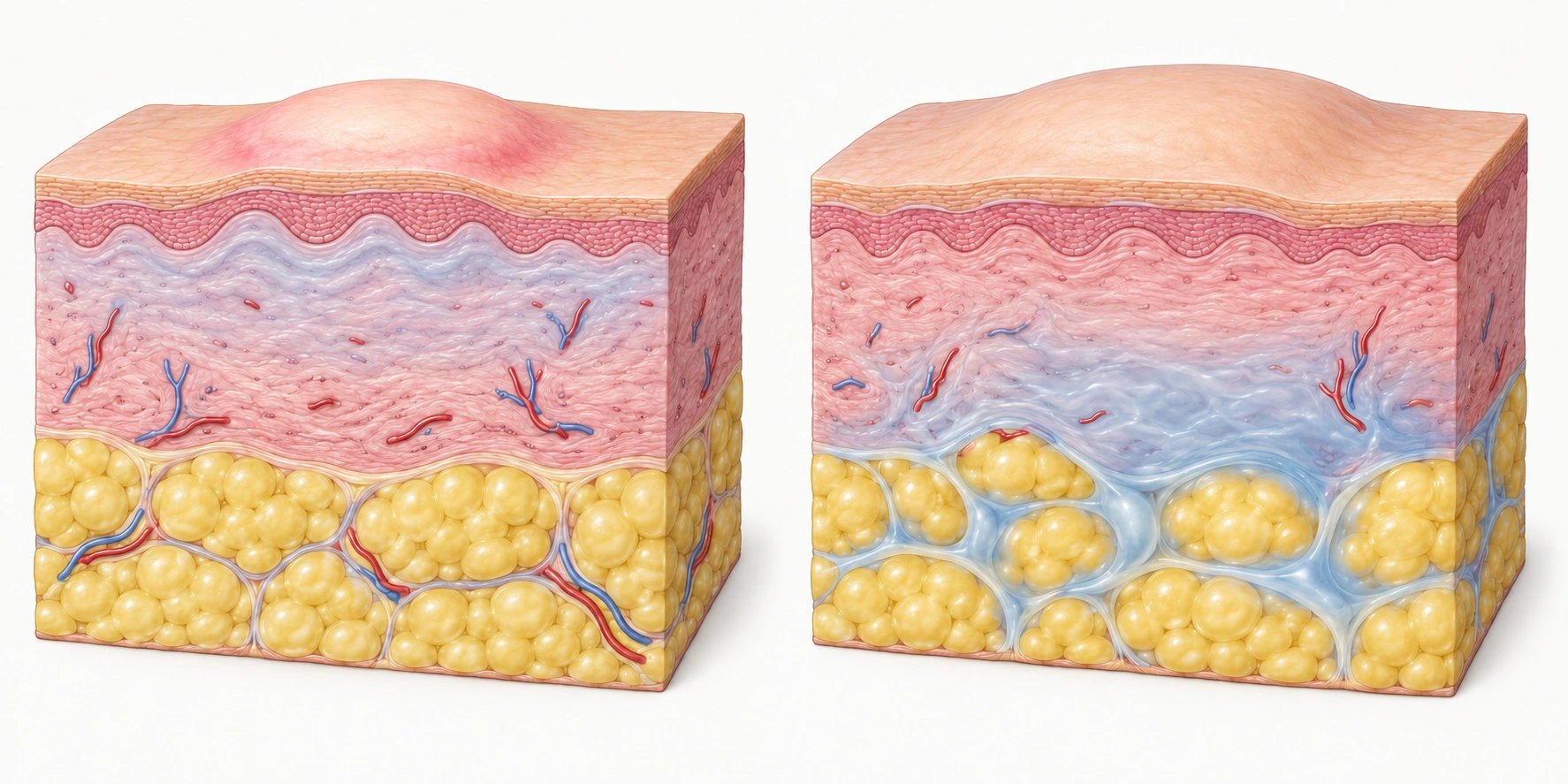 Dois blocos de pele com epiderme íntegra: à esquerda, urtica com edema intersticial na derme superficial; à direita, angioedema na derme profunda e no subcutâneo.