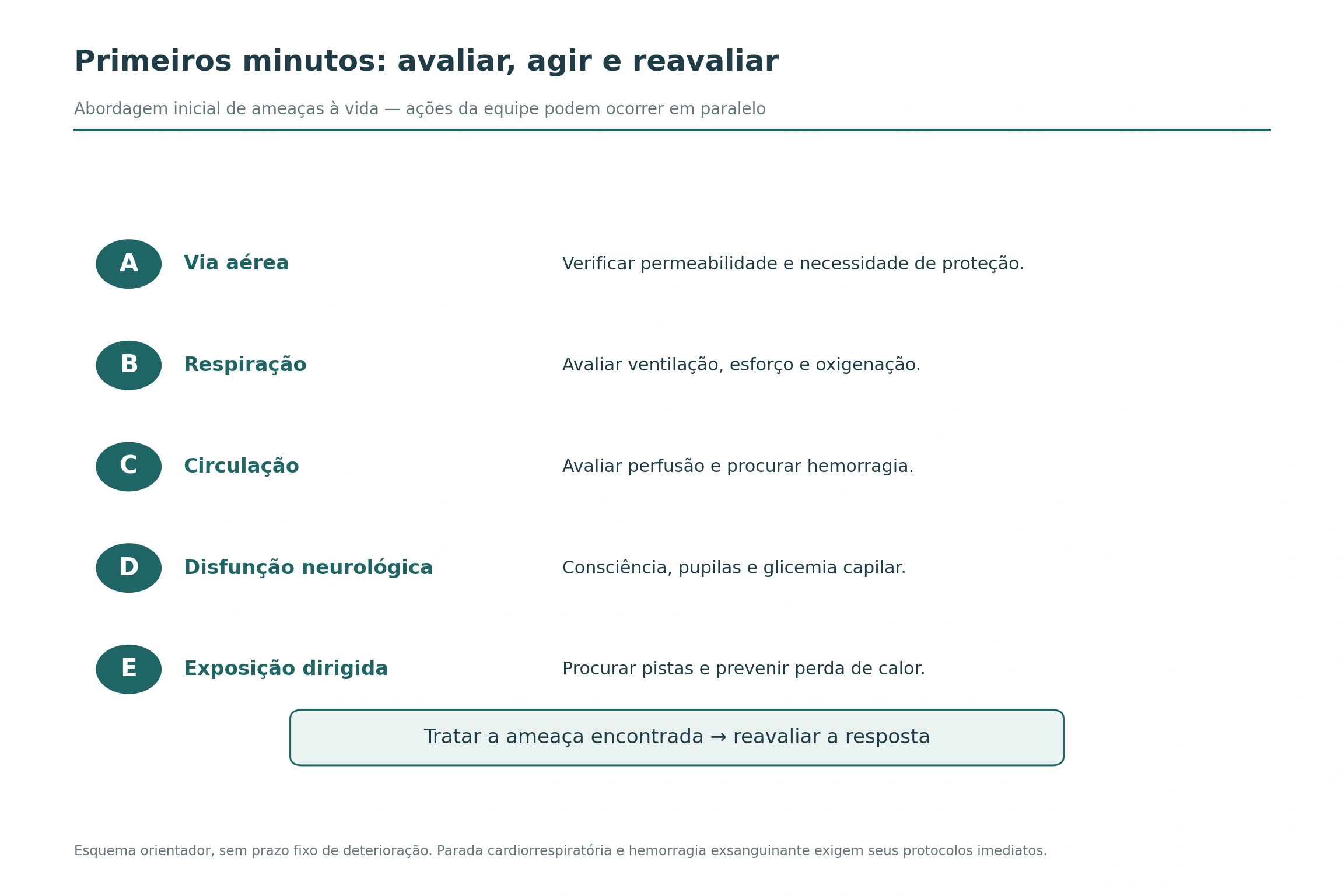 Cinco linhas ABCDE relacionam via aérea, respiração, circulação, função neurológica e exposição a ações iniciais; uma faixa final solicita reavaliação.