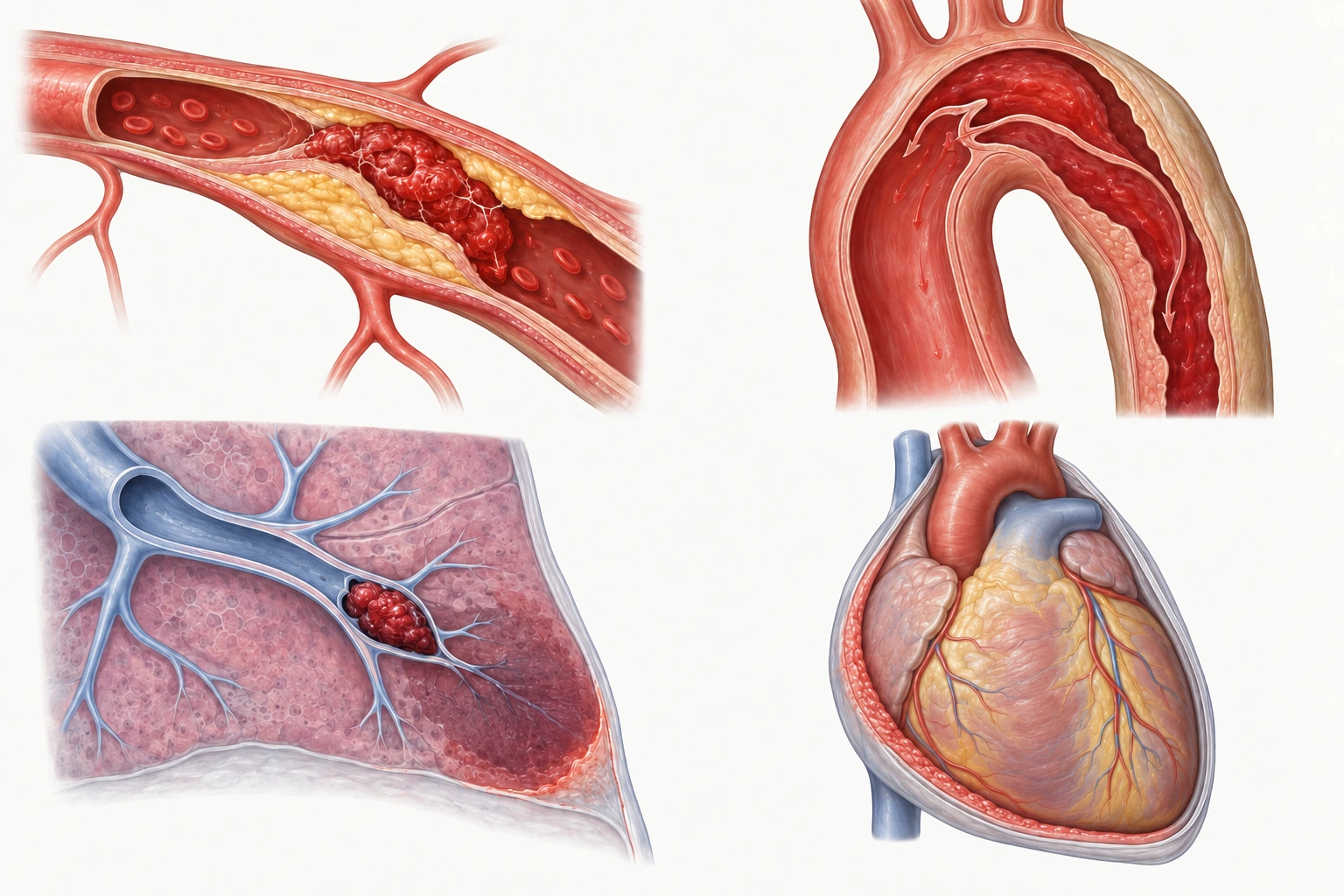 Quatro painéis anatômicos ilustram placa coronariana com trombo, dissecção da aorta, embolia pulmonar e inflamação pericárdica.