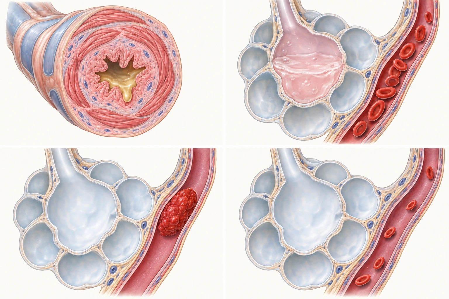 Quatro painéis mostram bronquíolo estreitado, alvéolo com líquido, arteríola pulmonar com trombo e capilar com poucas hemácias.