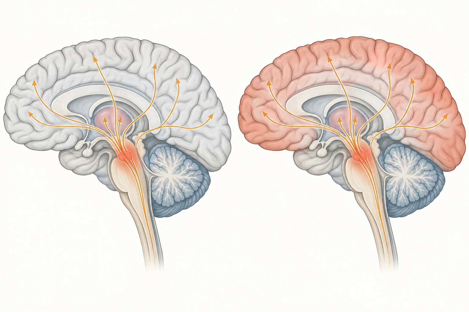 Dois cortes sagitais do encéfalo destacam a rede de vigília que atravessa tronco e tálamo e a participação cortical difusa.