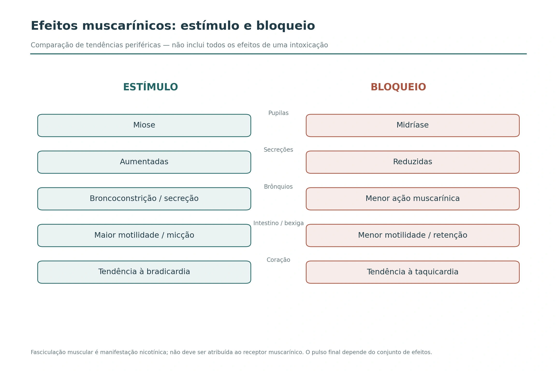 Duas colunas relacionam estímulo e bloqueio muscarínicos a pupilas, secreções, brônquios, intestino, bexiga e coração.