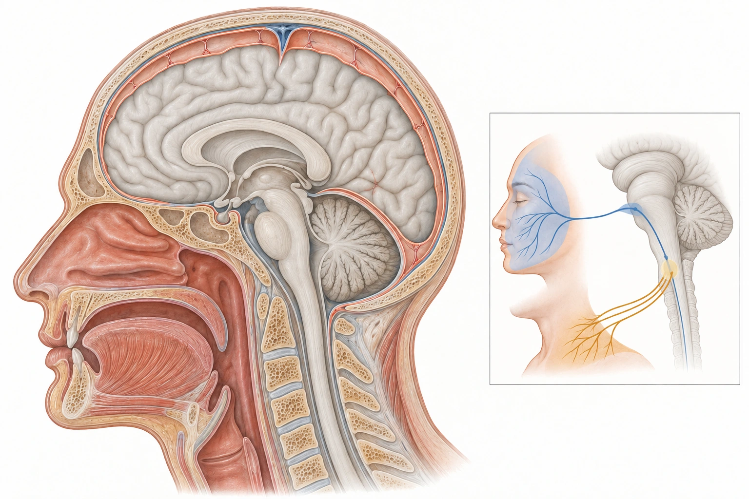 Prancha sagital do encéfalo destaca estruturas meníngeas e vasculares; um detalhe mostra convergência de aferências trigeminais e cervicais na junção craniocervical.