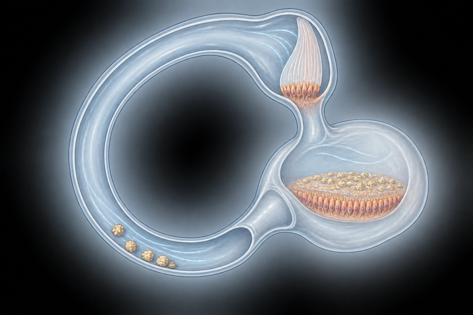 Modelo isolado de um canal semicircular posterior ligado ao utrículo, com ampola, cúpula e partículas na porção dependente do braço longo.