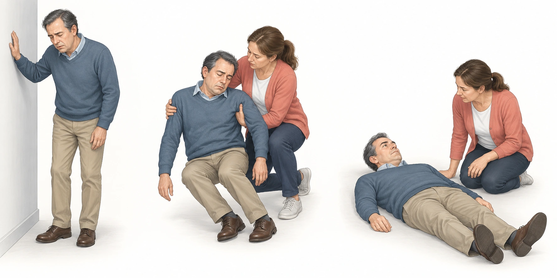 Três cenas mostram sintomas prodrômicos, perda de tônus amparada por acompanhante e recuperação em decúbito dorsal.