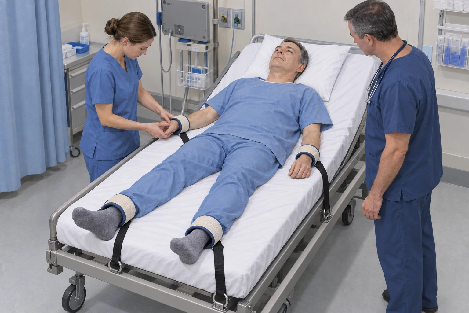 Paciente em decúbito dorsal com quatro contenções acolchoadas de membros, ancoradas à estrutura inferior fixa da cama; profissionais observam e avaliam a mão, sem faixa torácica.