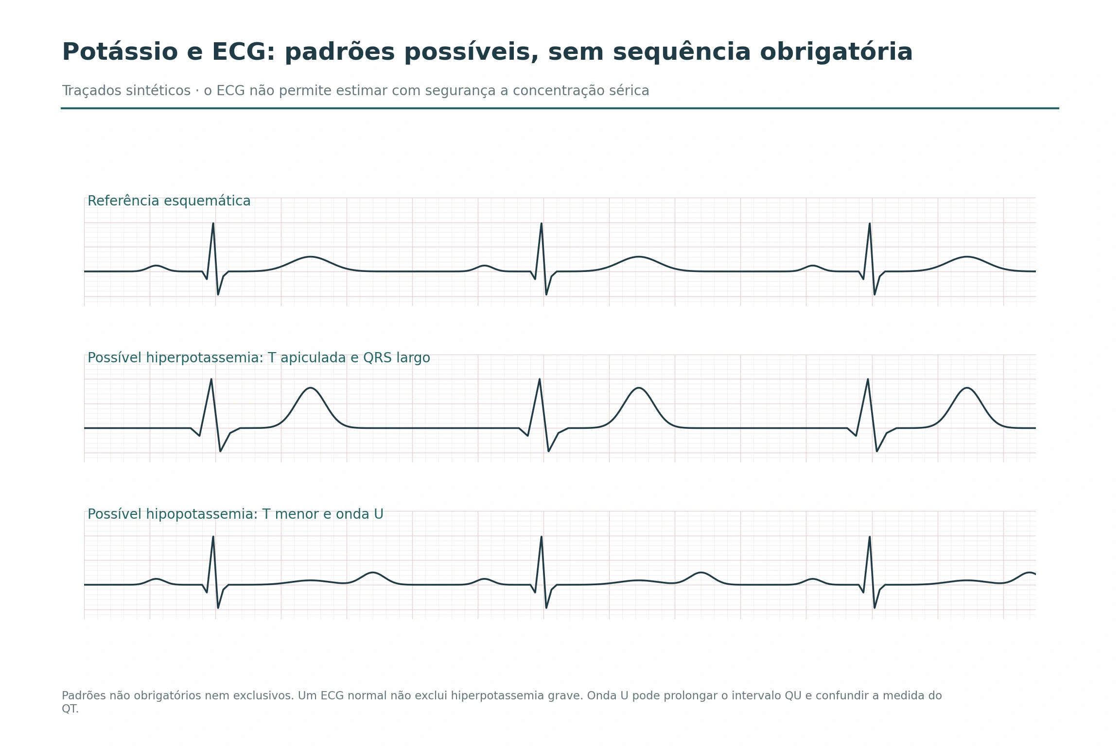 Três ECGs sintéticos exibem referência, T alta e estreita com QRS largo, e T pequena com onda U proeminente.