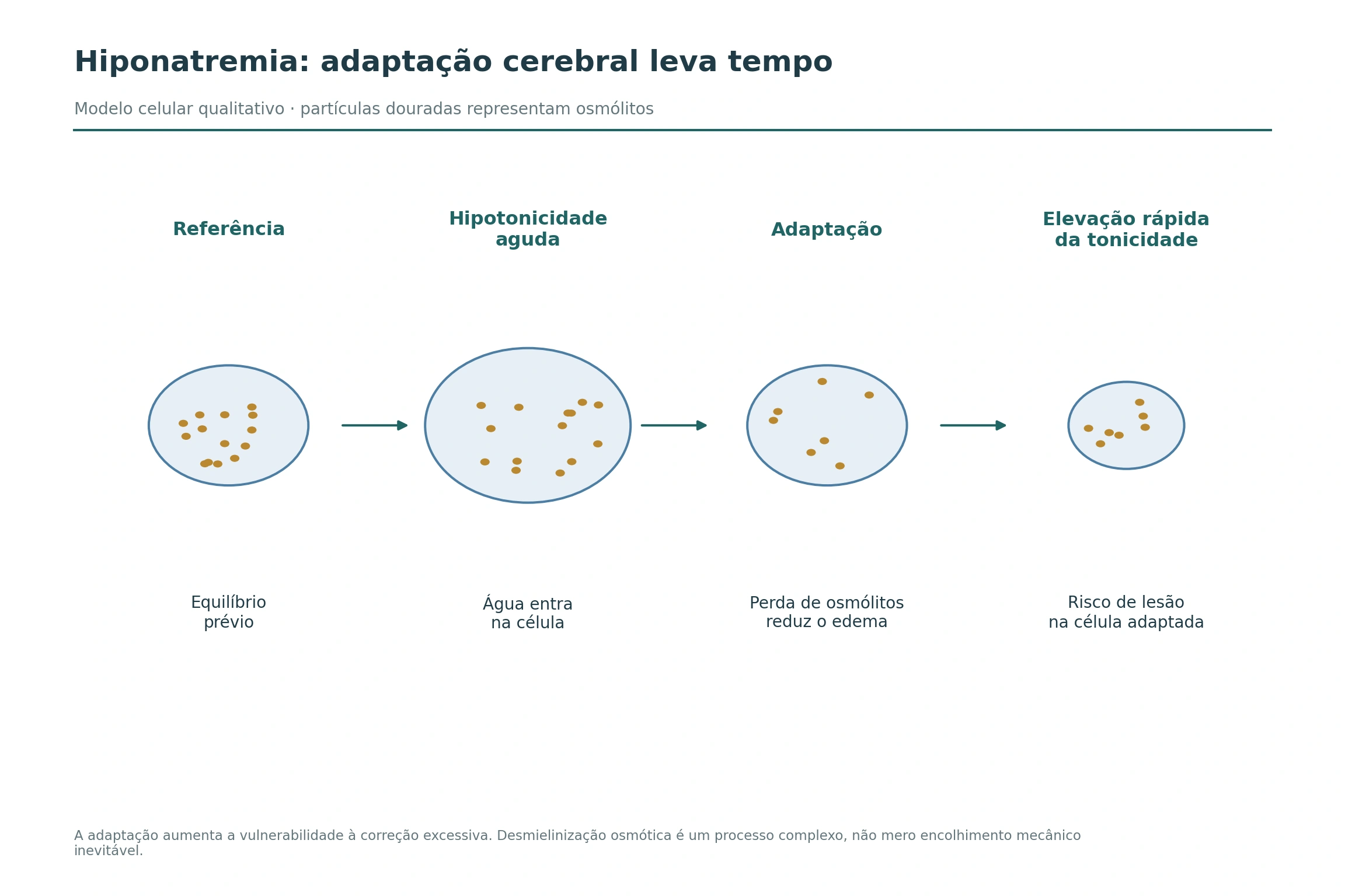 Quatro células esquemáticas mostram referência, aumento de volume na hipotonicidade aguda, perda adaptativa de osmólitos e redução de volume após elevação rápida da tonicidade.