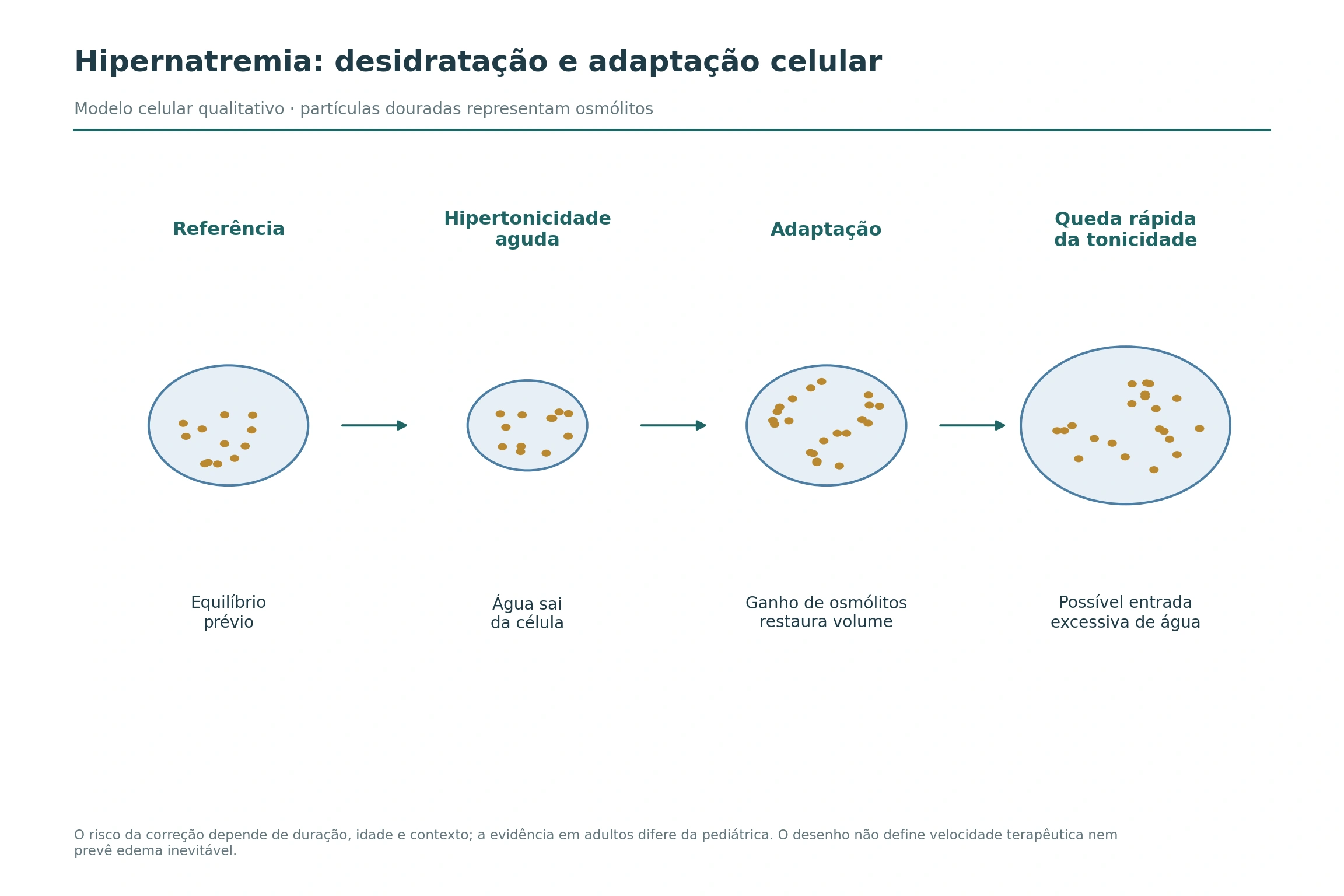 Quatro células esquemáticas mostram referência, retração na hipertonicidade aguda, ganho adaptativo de osmólitos e possível aumento de volume com queda rápida da tonicidade.
