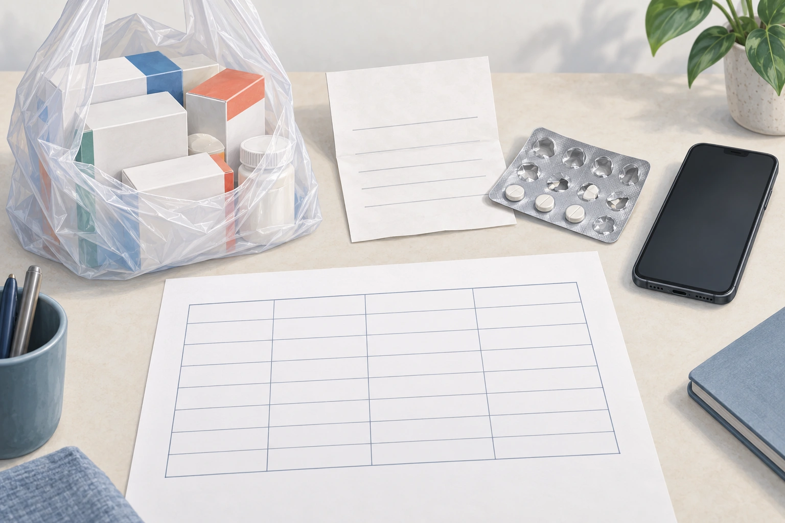 Embalagens de medicamentos, receita dobrada, cartela parcialmente usada e celular aparecem junto de uma tabela vazia de reconciliação.