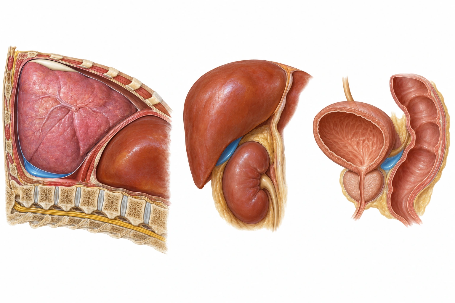 Três painéis anatômicos mostram ar pleural anterior claro e líquido pleural posterior azul em um tórax supino, líquido entre fígado e rim direito e líquido no recesso entre bexiga e reto.