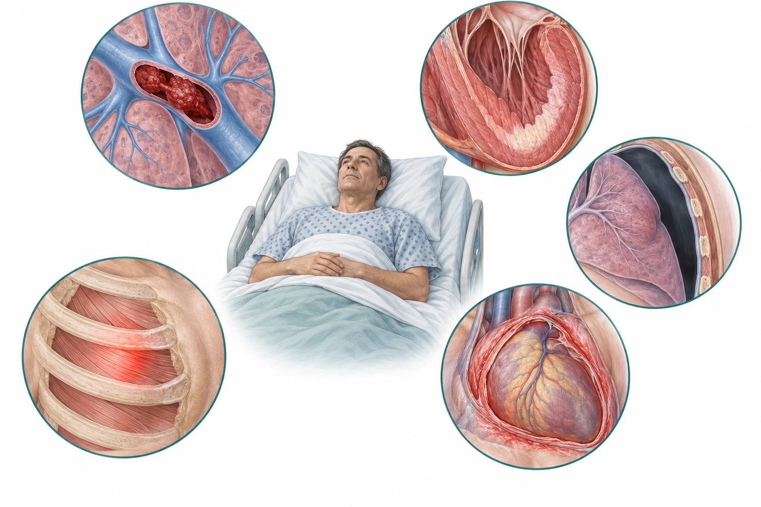 Paciente no leito cercado por cinco detalhes anatômicos: trombo em artéria pulmonar, área subendocárdica pálida, ar pleural, pericárdio inflamado e musculatura intercostal destacada.