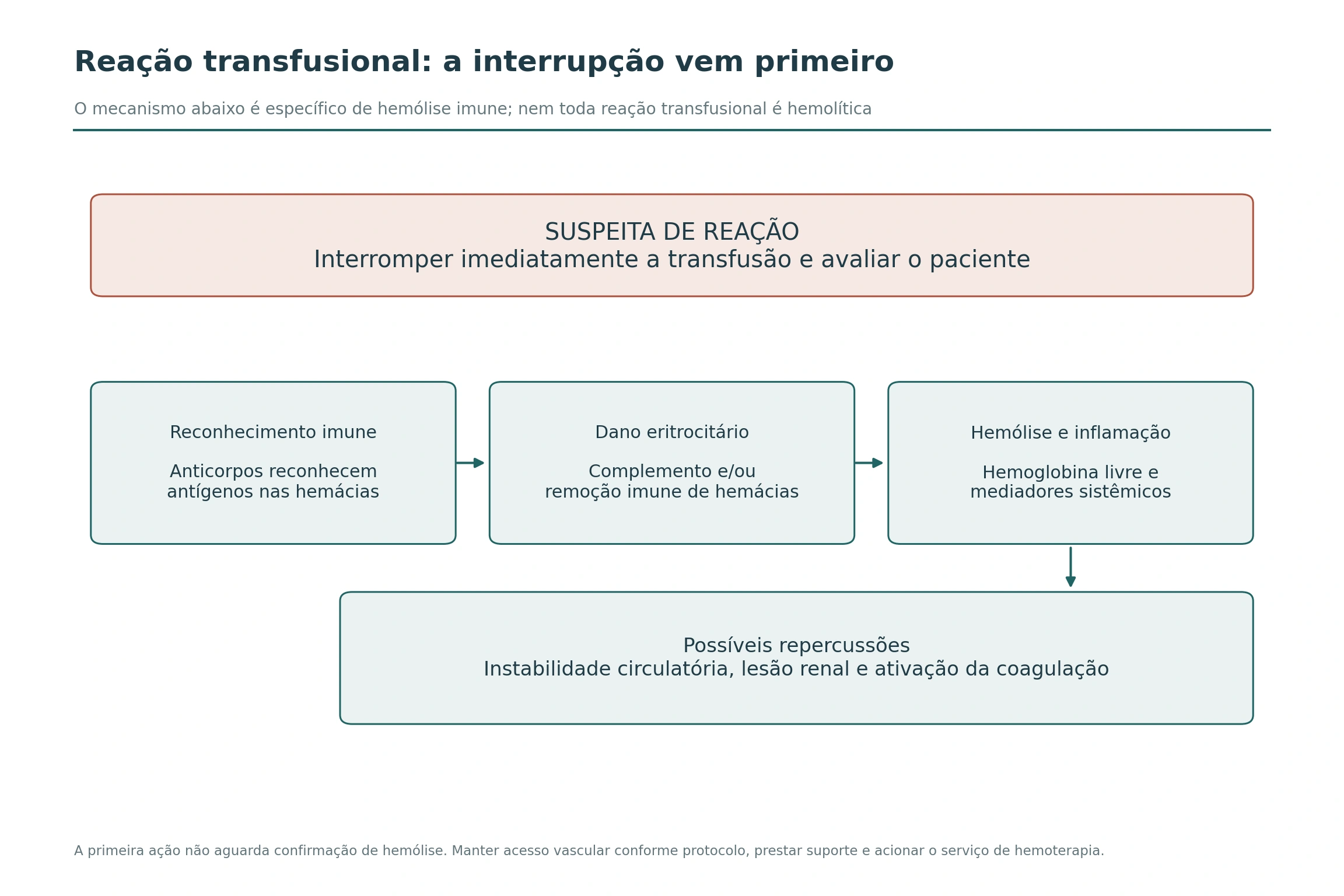Uma faixa de interrupção imediata da transfusão precede o esquema de reconhecimento imune das hemácias, dano eritrocitário, hemólise e possíveis repercussões sistêmicas.