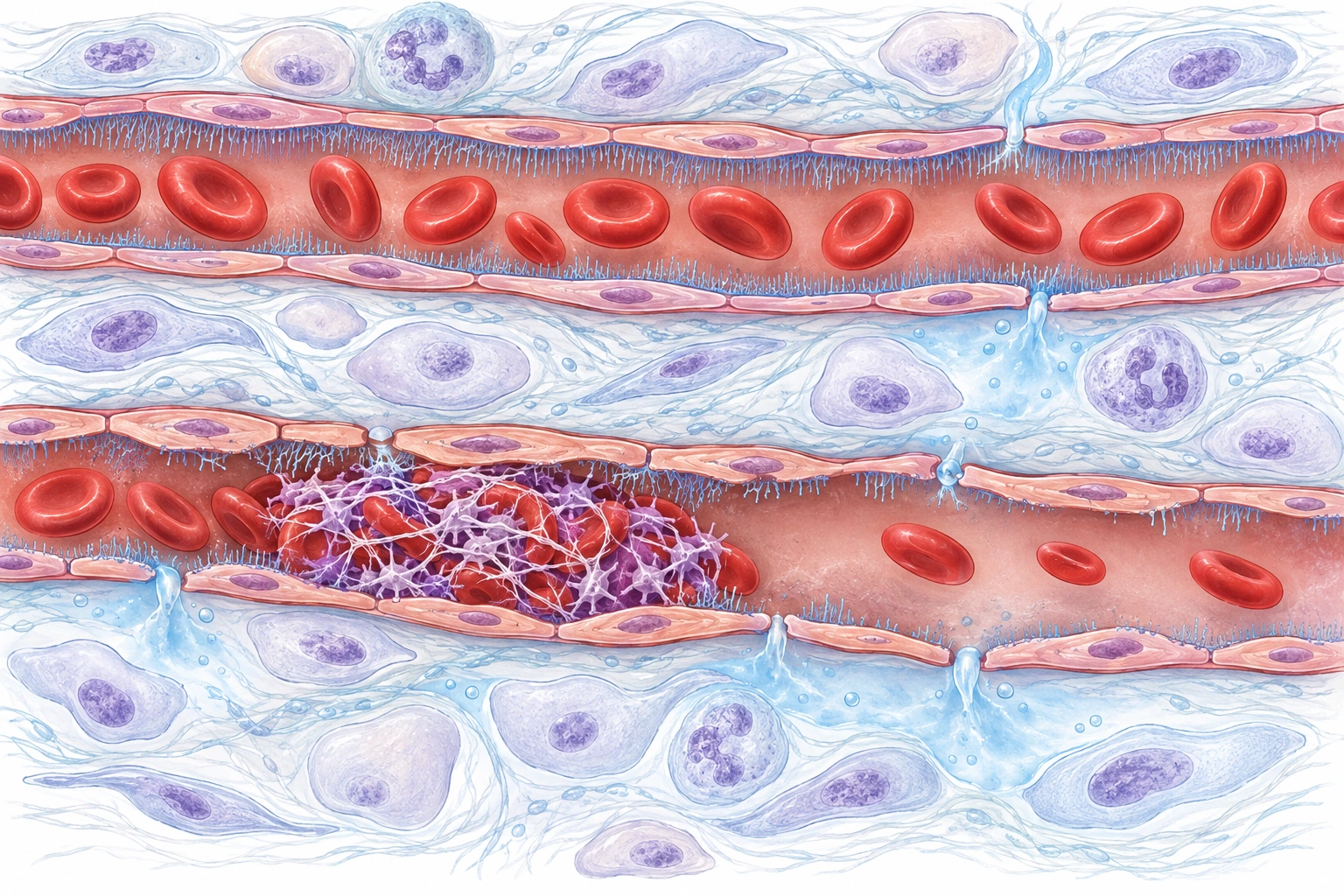 Dois segmentos capilares com fluxos diferentes; o inferior contém microtrombo, enquanto falhas da barreira endotelial permitem saída de plasma para o interstício e o glicocálix luminal aparece descontínuo.