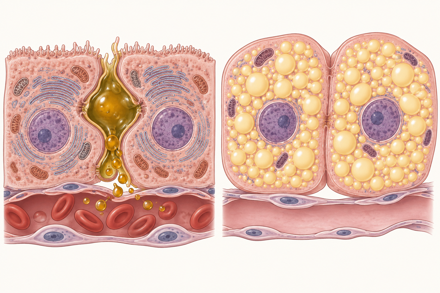 Esquemas celulares de colestase e esteatose microvesicular