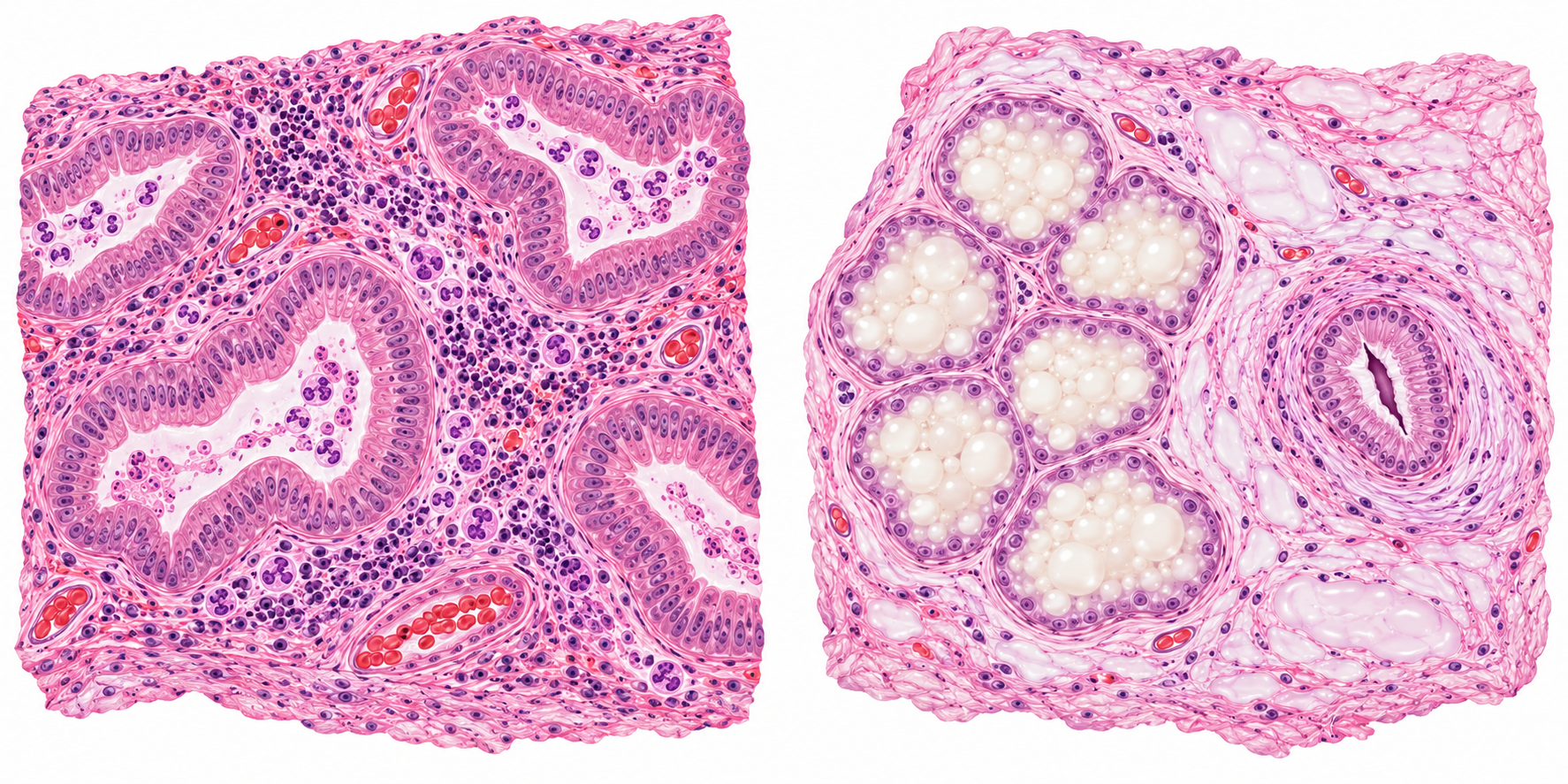 Esquemas de tecido endometrial e tecido glandular mamário inflamados