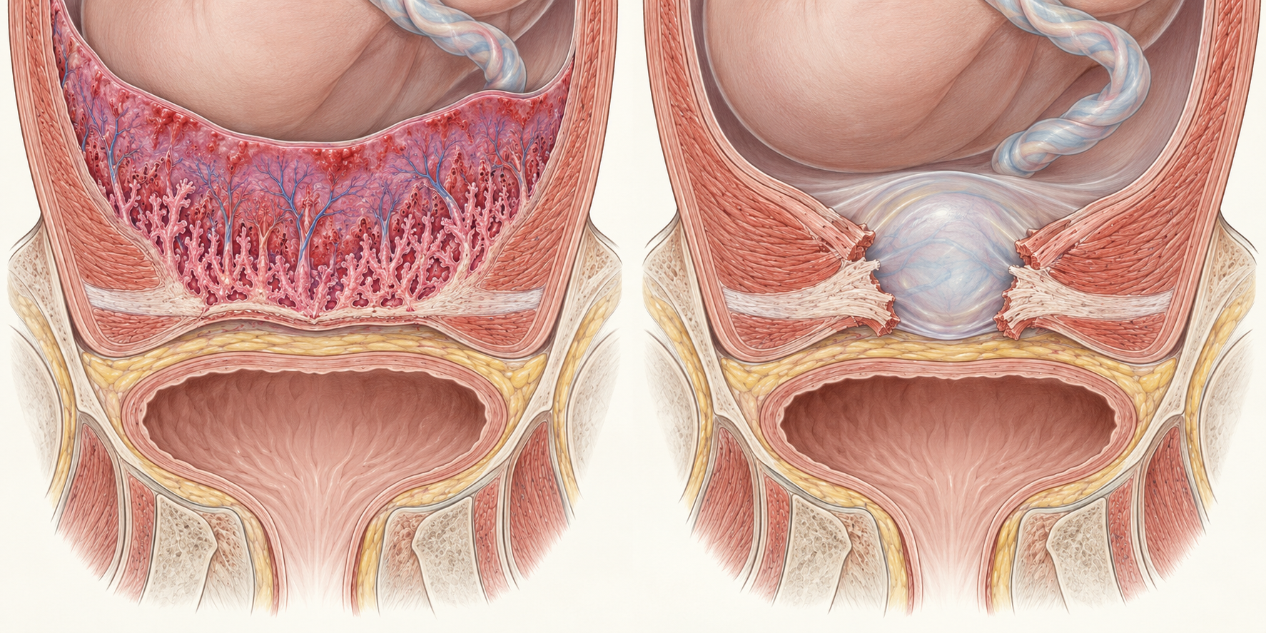 Representação didática de alterações da relação entre placenta e parede uterina