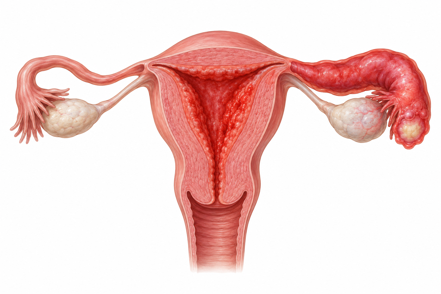 Ilustração da inflamação endometrial e tubária na DIP