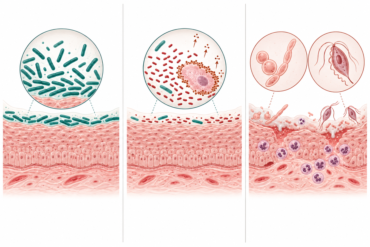 Microbiota com predomínio de lactobacilos, disbiose com célula-guia e agentes associados a inflamação, em representação esquemática