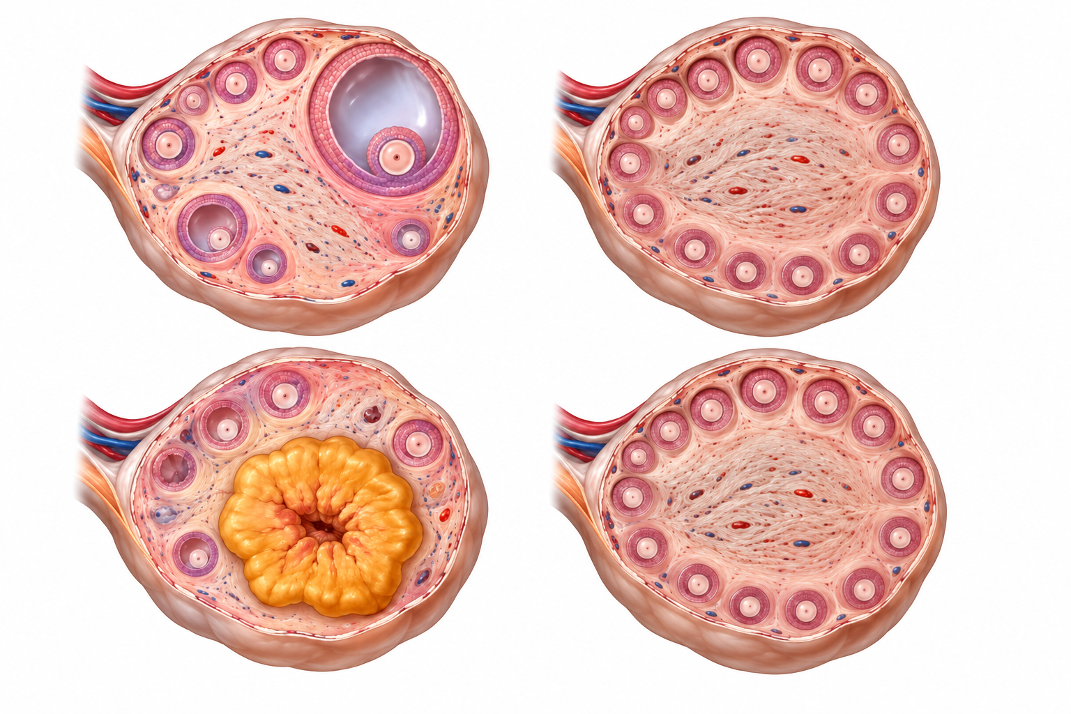 Comparação conceitual entre desenvolvimento folicular com ovulação e persistência de pequenos folículos sem corpo lúteo